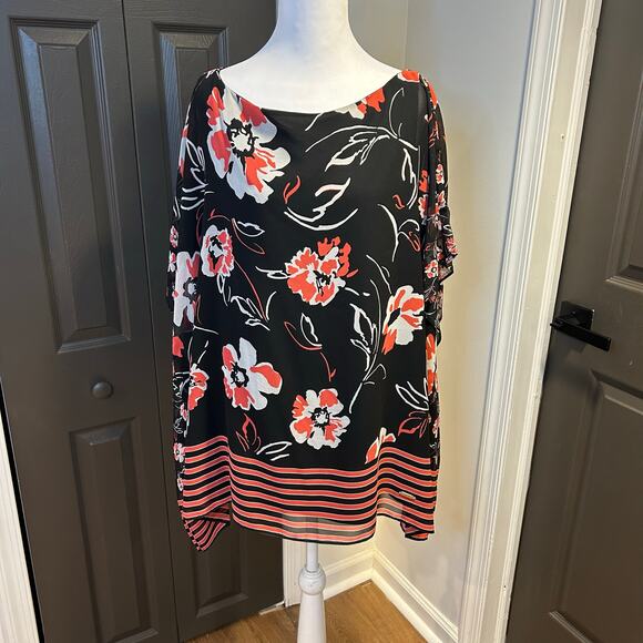Calvin Klein 1X floral & striped sheer flowy cape sleeved top Bloomcore NWT - Picture 1 of 5